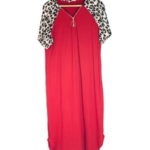 Womens Red Leopard Print Raglan Zipper Maxi Dress‎ Plus Size 1XL